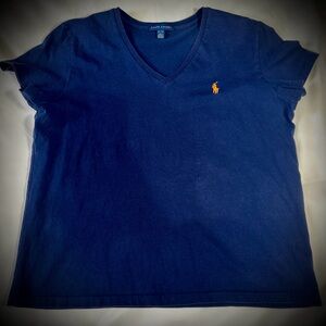 Ralph Lauren Navy V-Neck Tee with Orange Logo